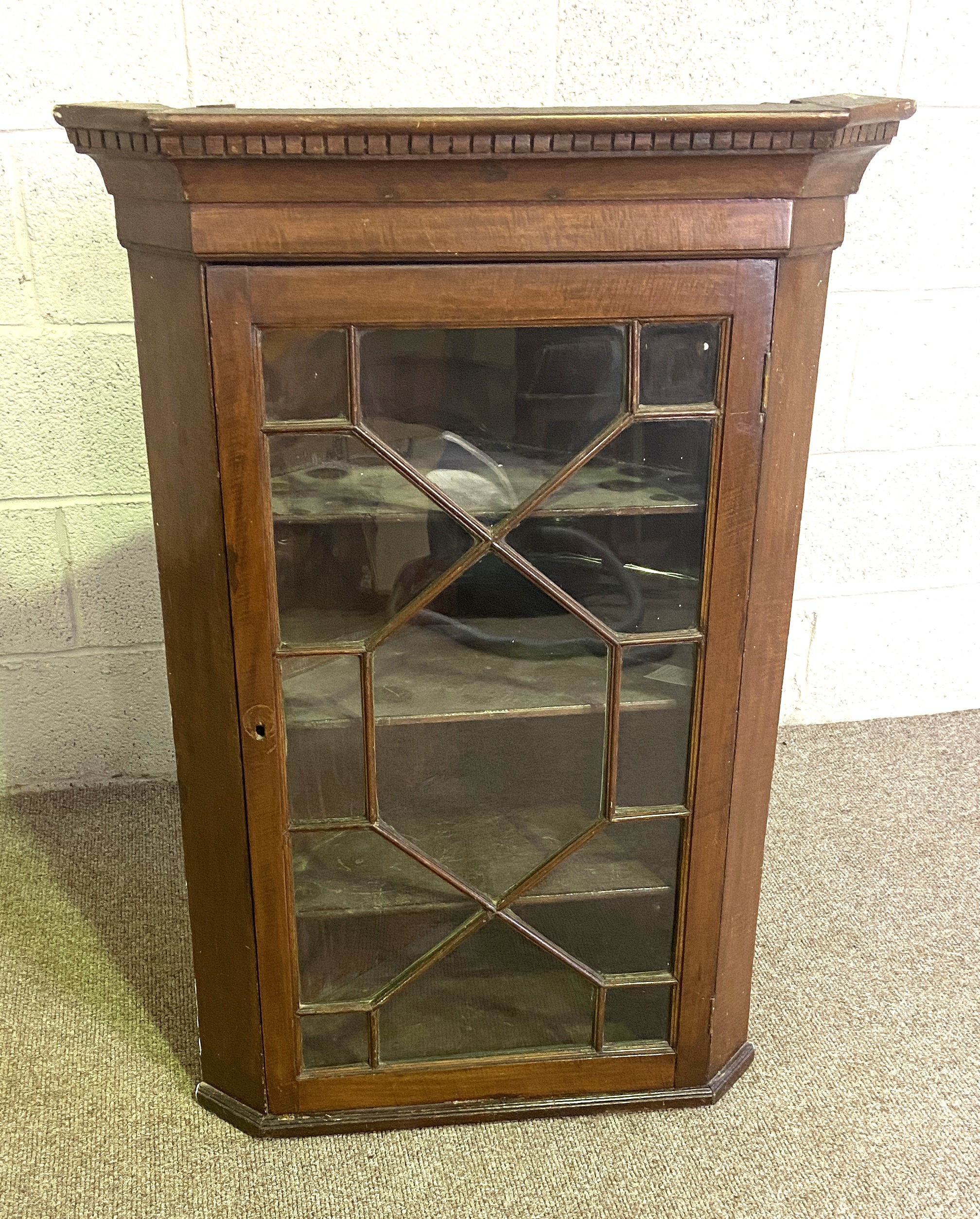 A George III style oak corner wall cabinet, with glazed door, dentil cornice and three shelves, - Image 3 of 4