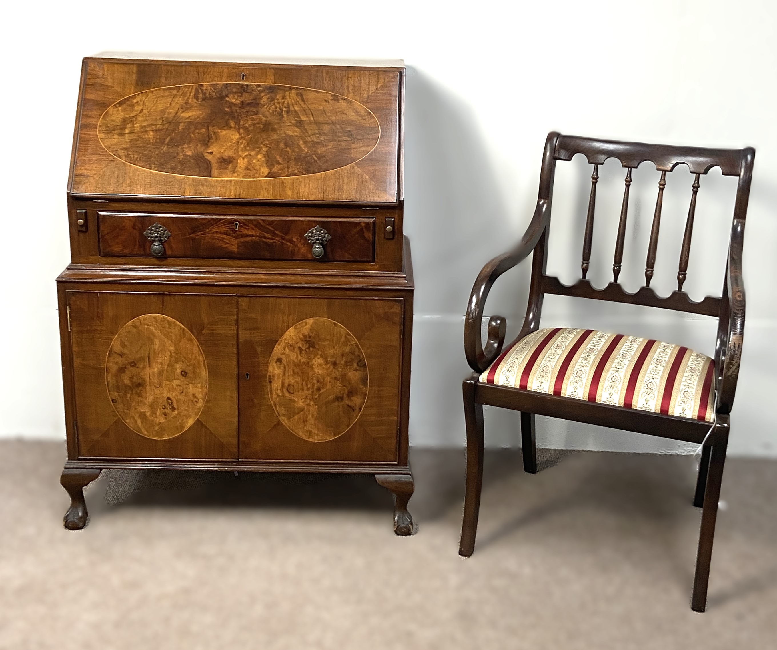 A vintage walnut veneered George II style bureau; together with a Regency style reproduction