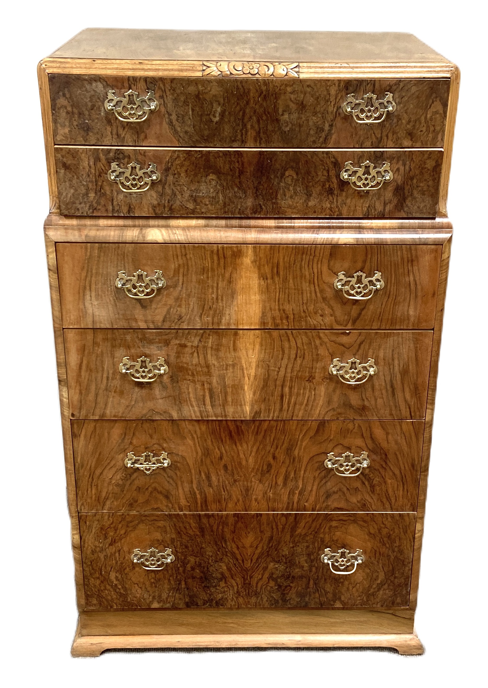 A vintage burr walnut chest of drawers, with six graduated and stepped drawers, 131cm high - Image 2 of 8