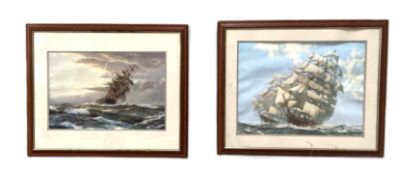 Two prints of Tea Clippers under full sail, in manner of Montagu Dawson, framed and glazed (2)