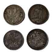 Three silver Crown’s, including 1887, 1889, 1935, and an 1887 silver Double Florin, 106g (gross) (