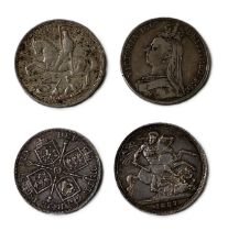 Three silver Crown’s, including 1887, 1889, 1935, and an 1887 silver Double Florin, 106g (gross) (