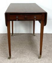 A Regency style mahogany Pembroke table, with drop leaf top and single end drawer, set on tapered