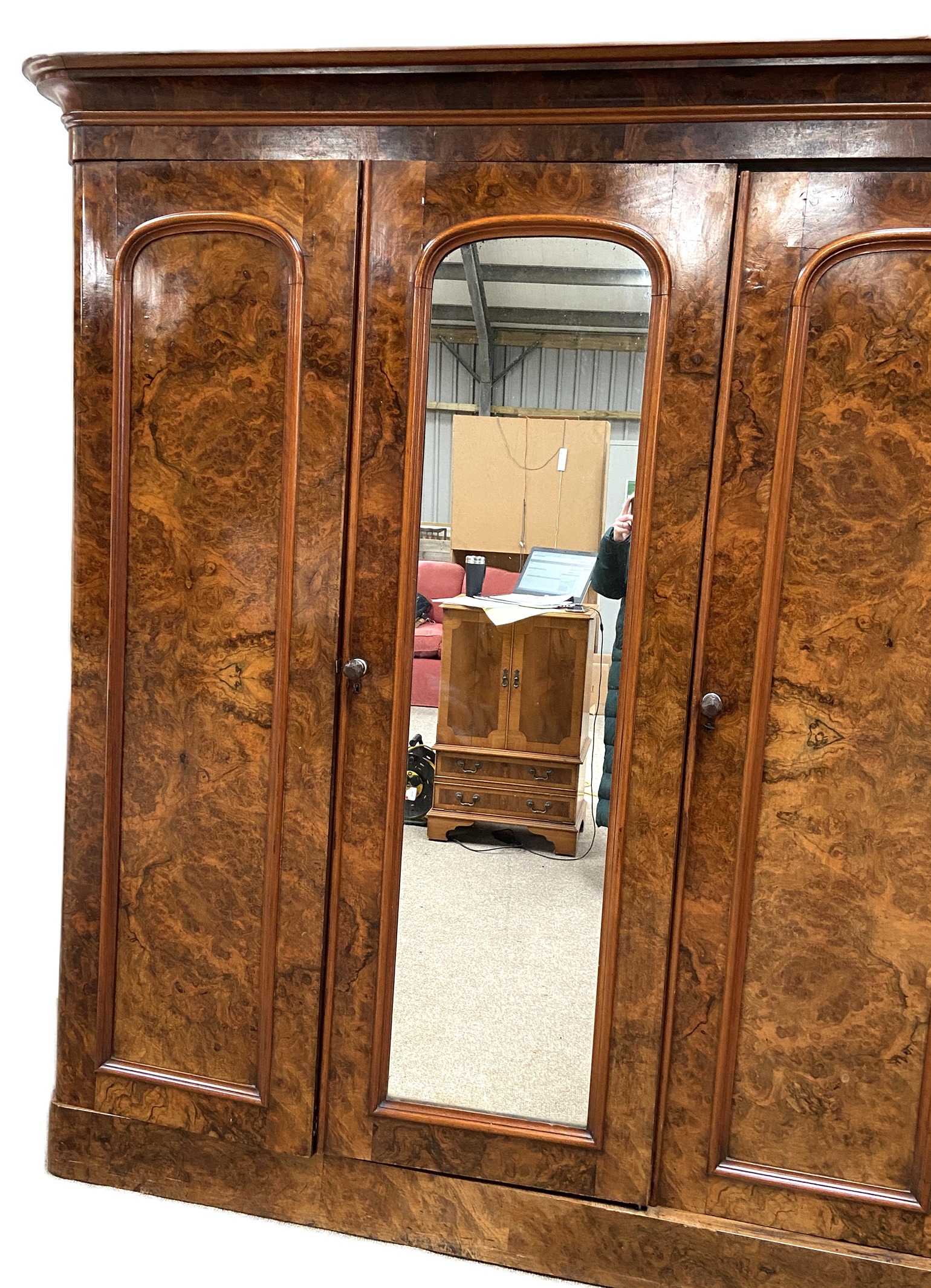 A mid Victorian burr walnut veneered triple wardrobe, circa 1870, with a central arch moulded - Image 2 of 6
