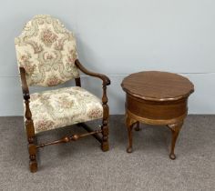 An arch backed armchair, Queen Anne style, with scrolled arms; also a small round sewing