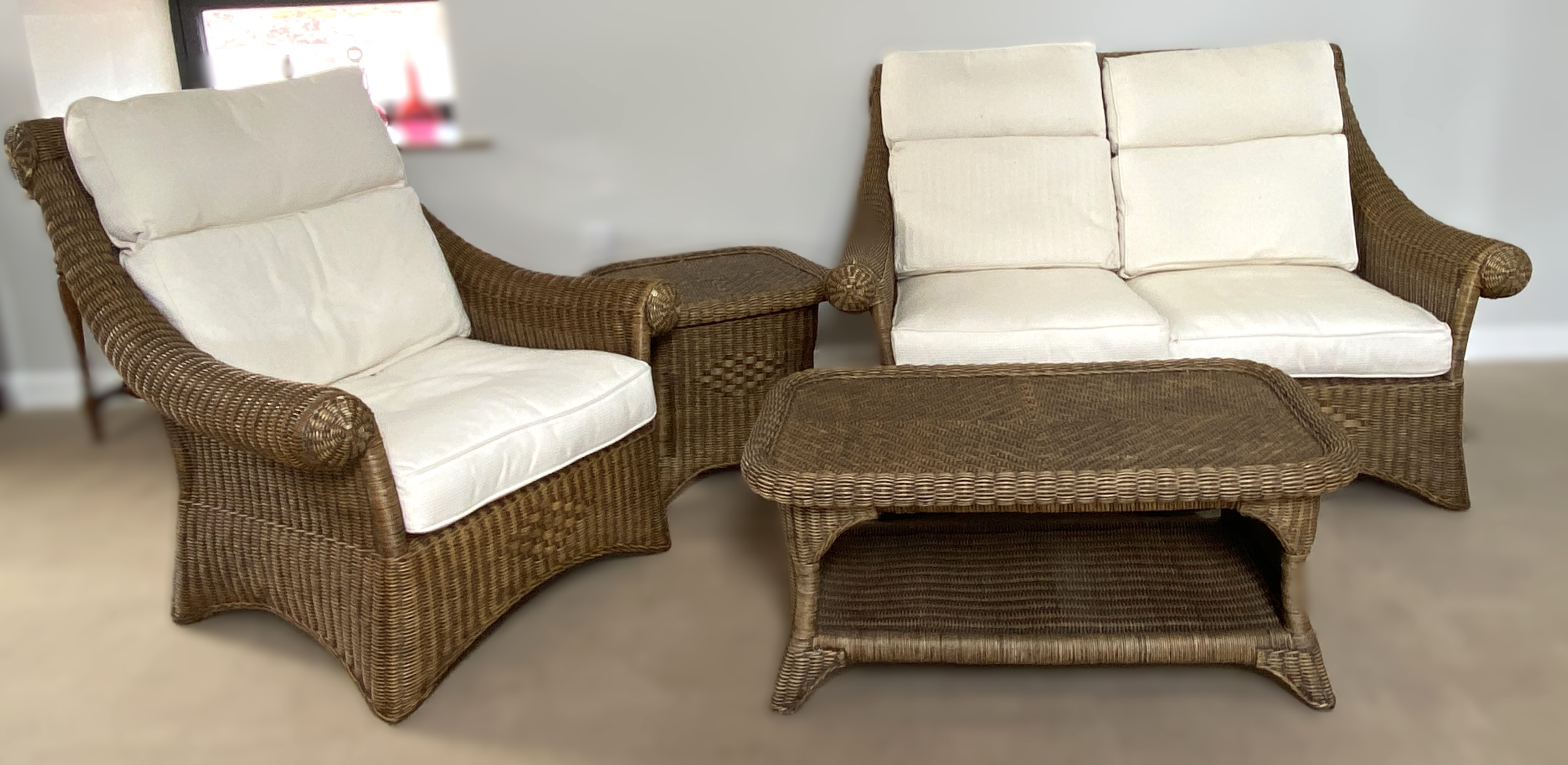 A large modern Colonial style Rattan Conservatory suite, comprising a two seat settee, two - Image 8 of 8