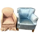 Two small vintage armchairs, one in light pink the other pale blue (2)