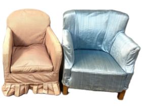 Two small vintage armchairs, one in light pink the other pale blue (2)