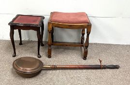 A Victorian copper bed pan with turned wood handle; also a small vintage dressing stool and a