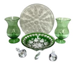 A pair of green bubble glass storm lanterns; also assorted glass, including a flashed green fruit