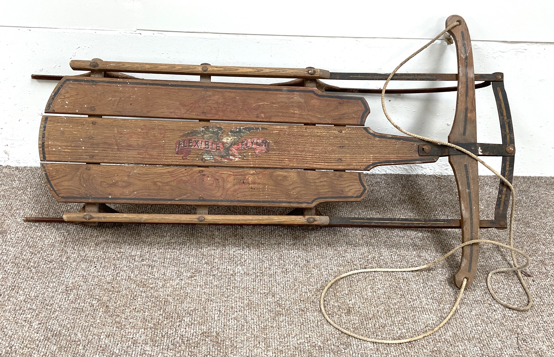 A vintage ‘Flexible Flyer’ sledge, mid 20th century, with rope and hinged yoke - Image 3 of 5