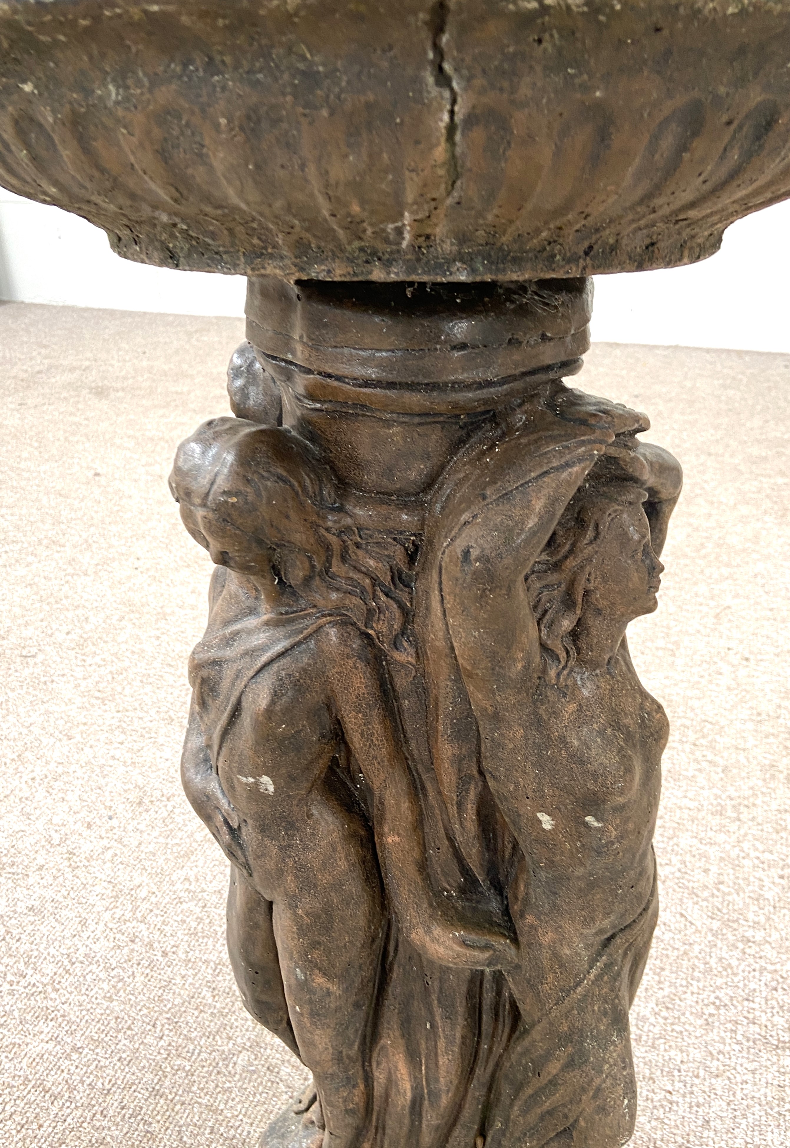 A modern composition stone bird bath, the dished top supported by the Three Graces, 40cm diameter - Image 2 of 4