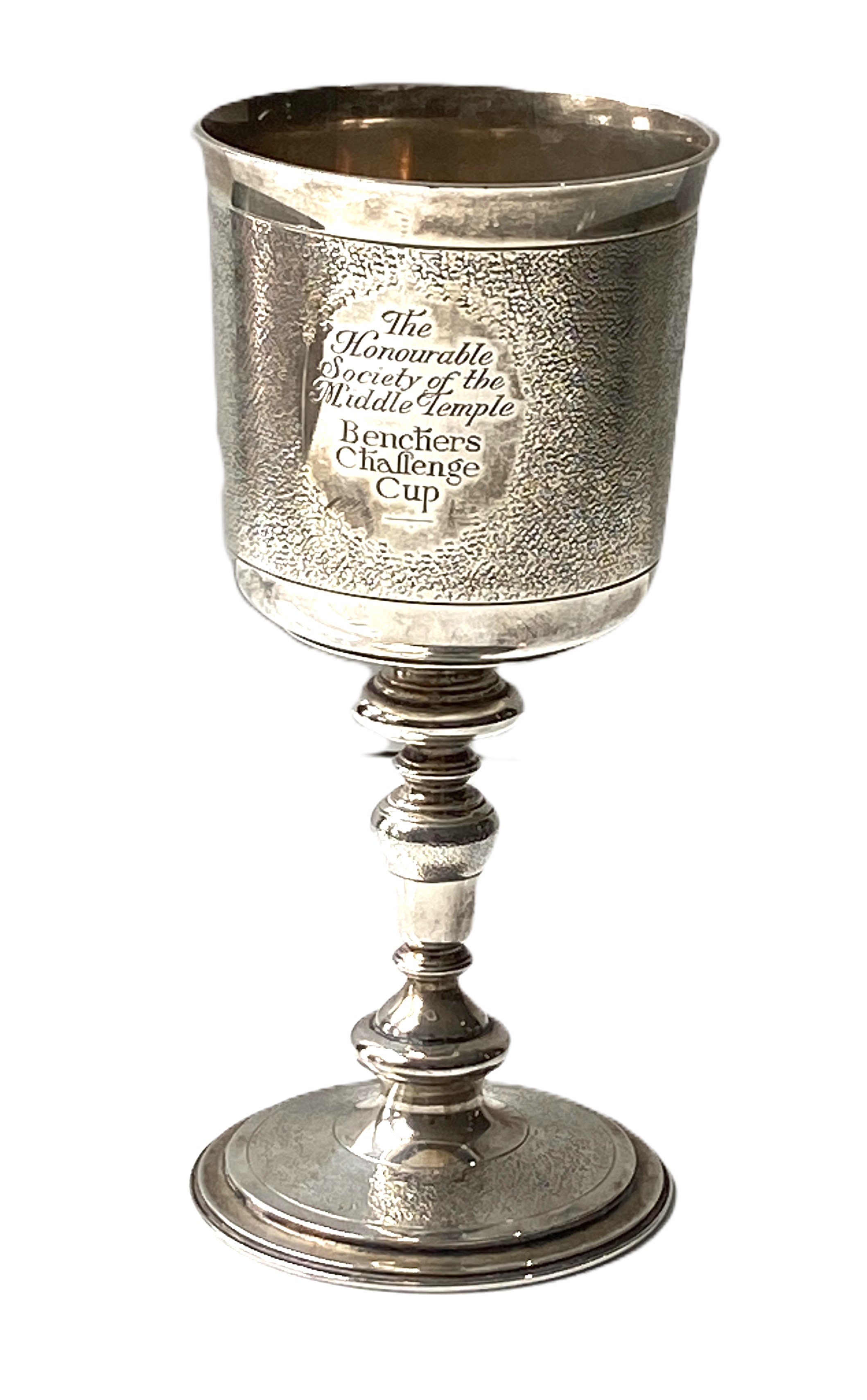 A silver goblet, hallmarked London 1933, with a matted bowl, knopped stem and circular foot,