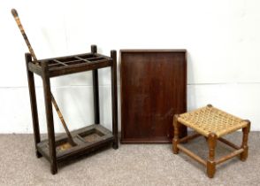 Small woven stool, umbrella stand, walking stick and a Butlers tray