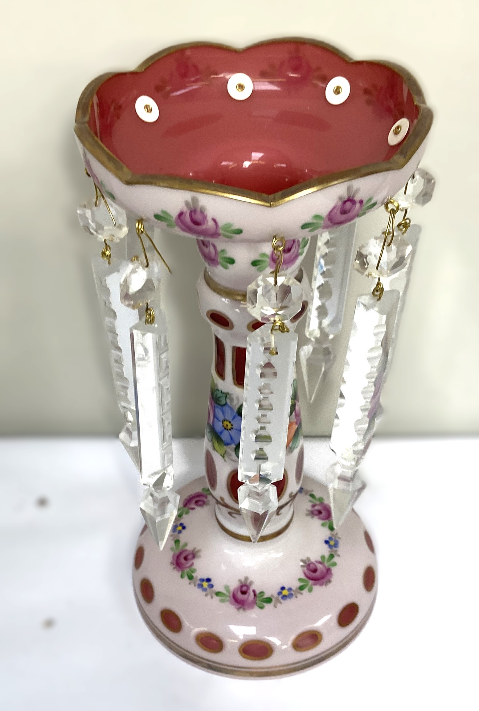 A Victorian flashed white cranberry glass table lustre, with rose decorations and clear glass drops; - Image 6 of 6