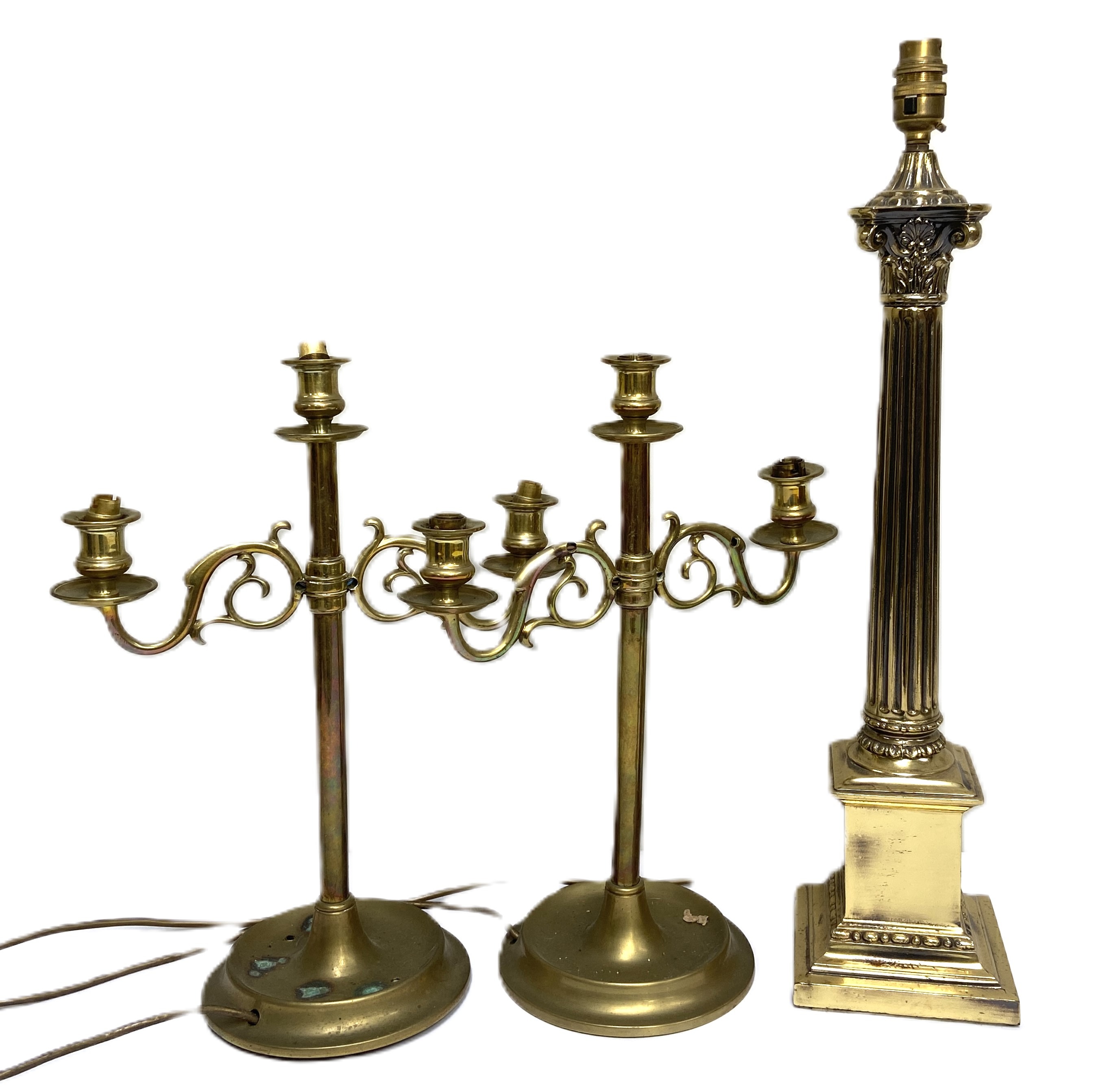 A vintage brass adjustable floor standing Library standard lamp, with two arms; also a Corinthian - Image 6 of 11