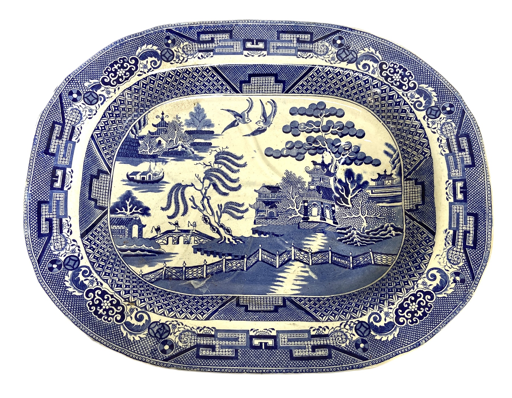 A large 19th century blue and white ‘Willow Pattern’ meat dish, by J.Meir & Sons, of typical form - Image 2 of 13