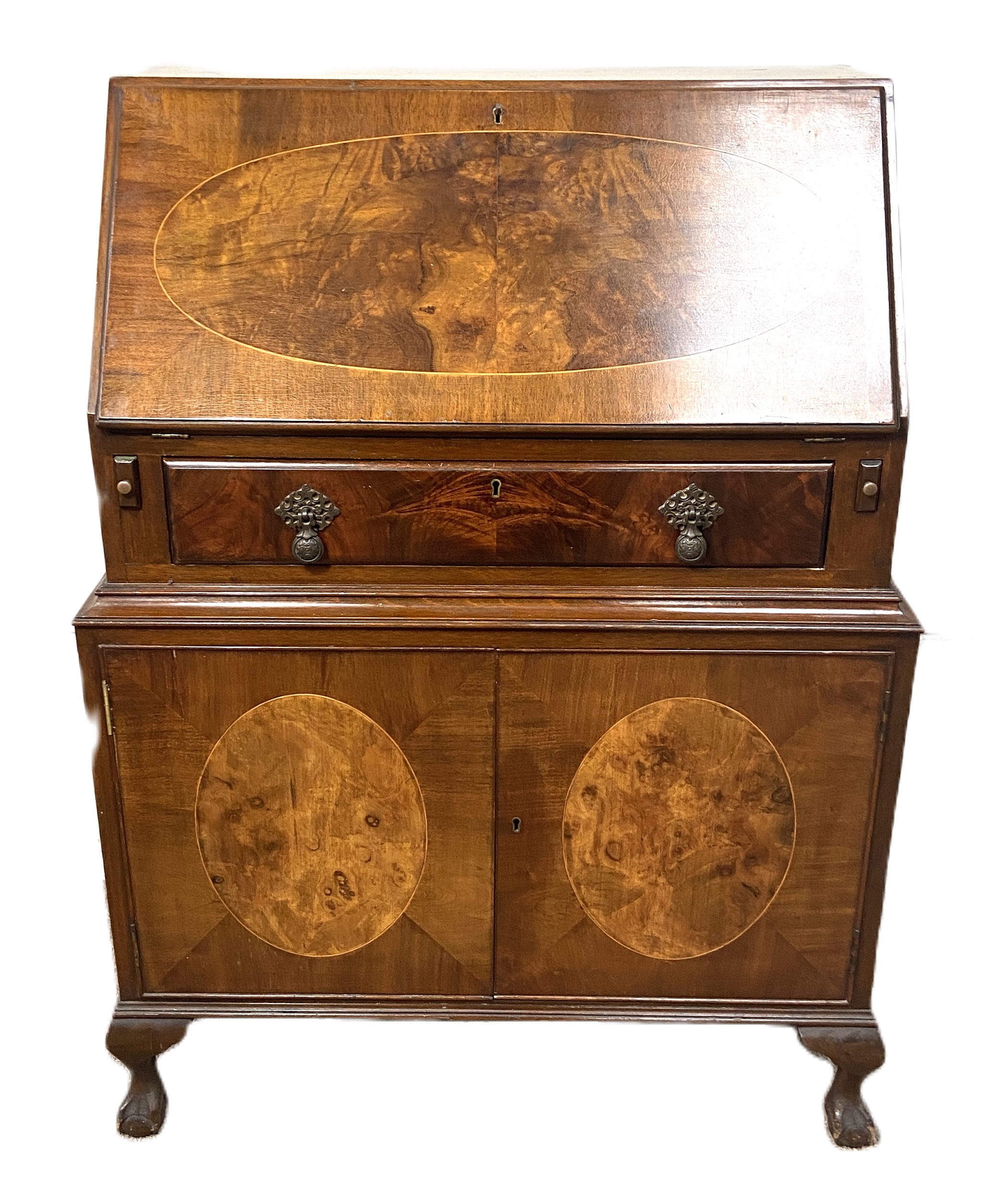 A vintage walnut veneered George II style bureau; together with a Regency style reproduction - Image 4 of 9