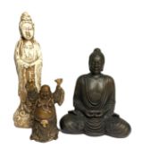 Three decorative figural ornaments, including Buddha seated with outspread knees and arms clasped in