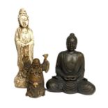 Three decorative figural ornaments, including Buddha seated with outspread knees and arms clasped in