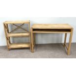 A modern oak writing table; together with a three tier bookcase with X frame supports (2)
