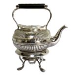 Assorted silver plate, including a Georgian style tea kettle on stand, a pair of table decorations