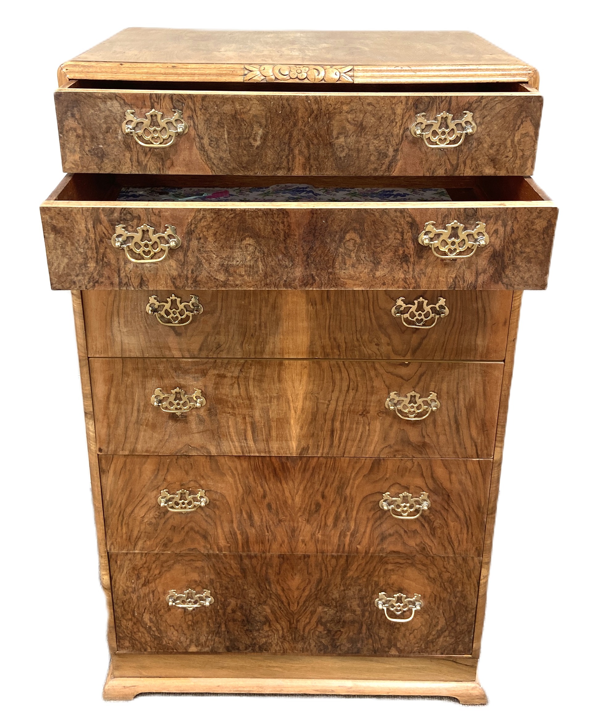 A vintage burr walnut chest of drawers, with six graduated and stepped drawers, 131cm high - Image 7 of 8