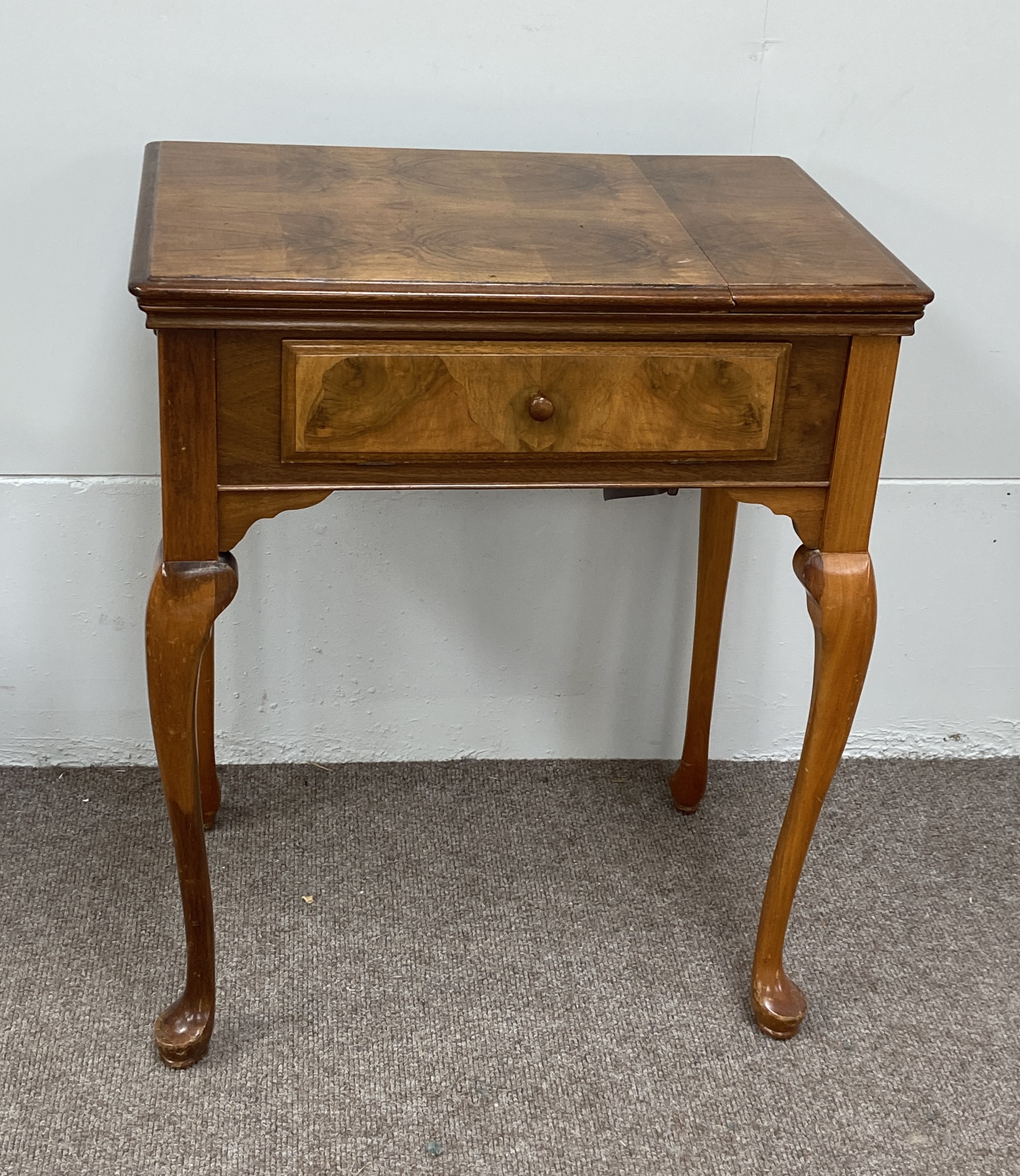 A modern walnut veneered sewing machine table; together with a small folding occasional table and an - Image 2 of 9