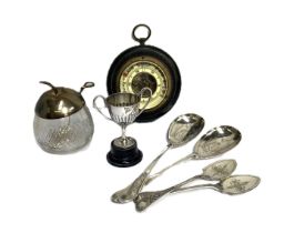 Assorted items, including a small aneroid barometer, a condiment jar in form of apple, assorted