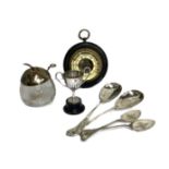 Assorted items, including a small aneroid barometer, a condiment jar in form of apple, assorted