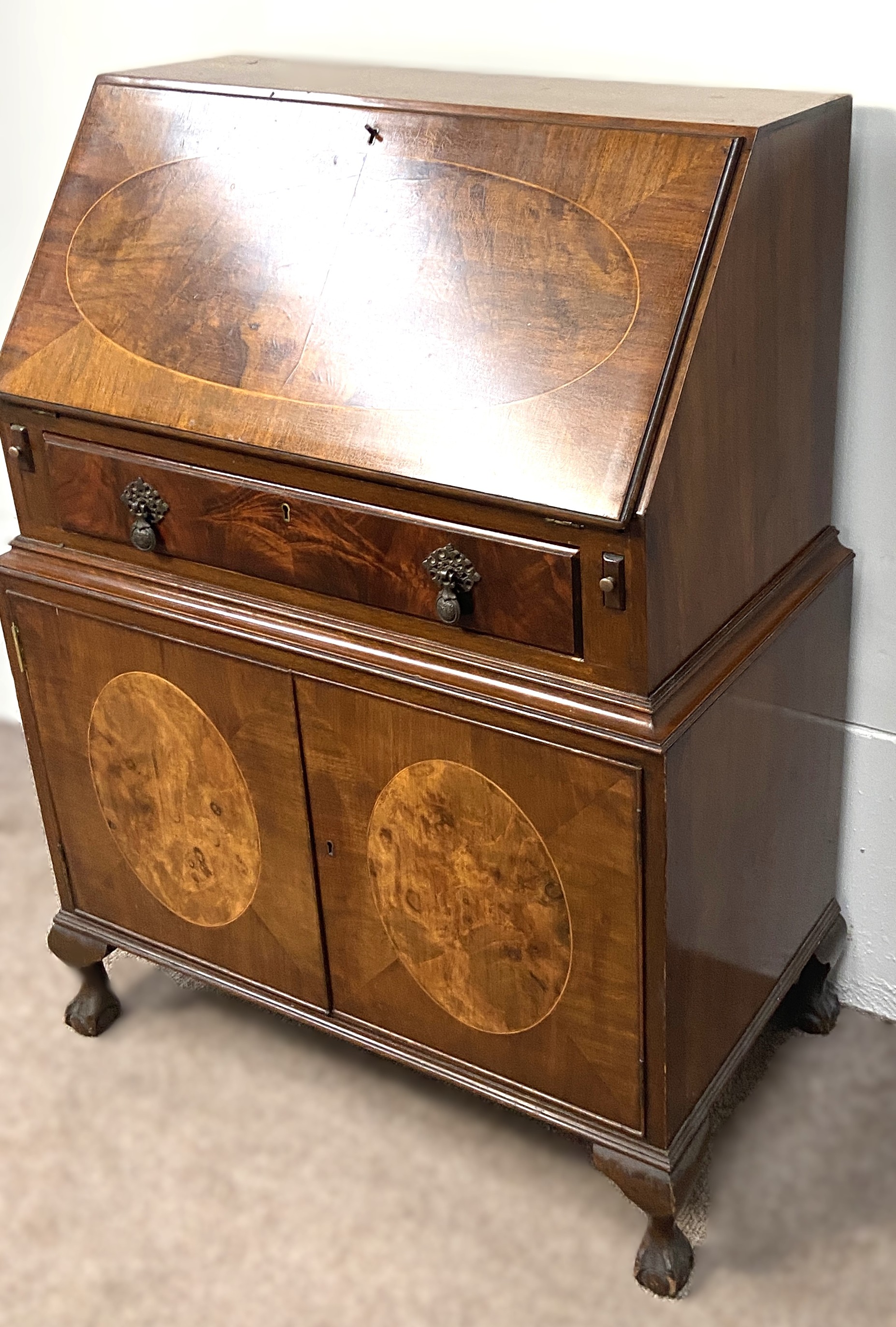 A vintage walnut veneered George II style bureau; together with a Regency style reproduction - Image 9 of 9
