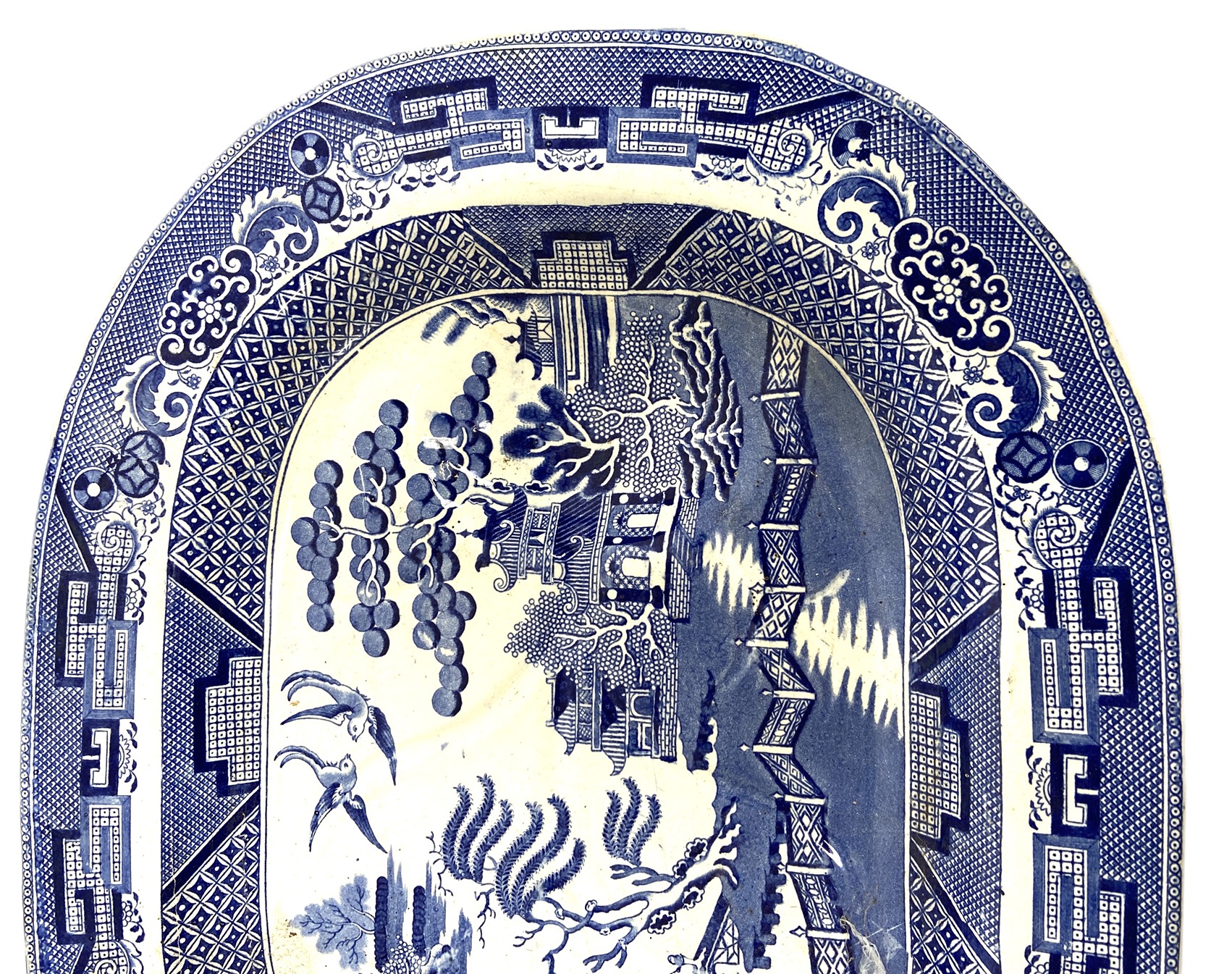 A large 19th century blue and white ‘Willow Pattern’ meat dish, by J.Meir & Sons, of typical form - Image 5 of 13