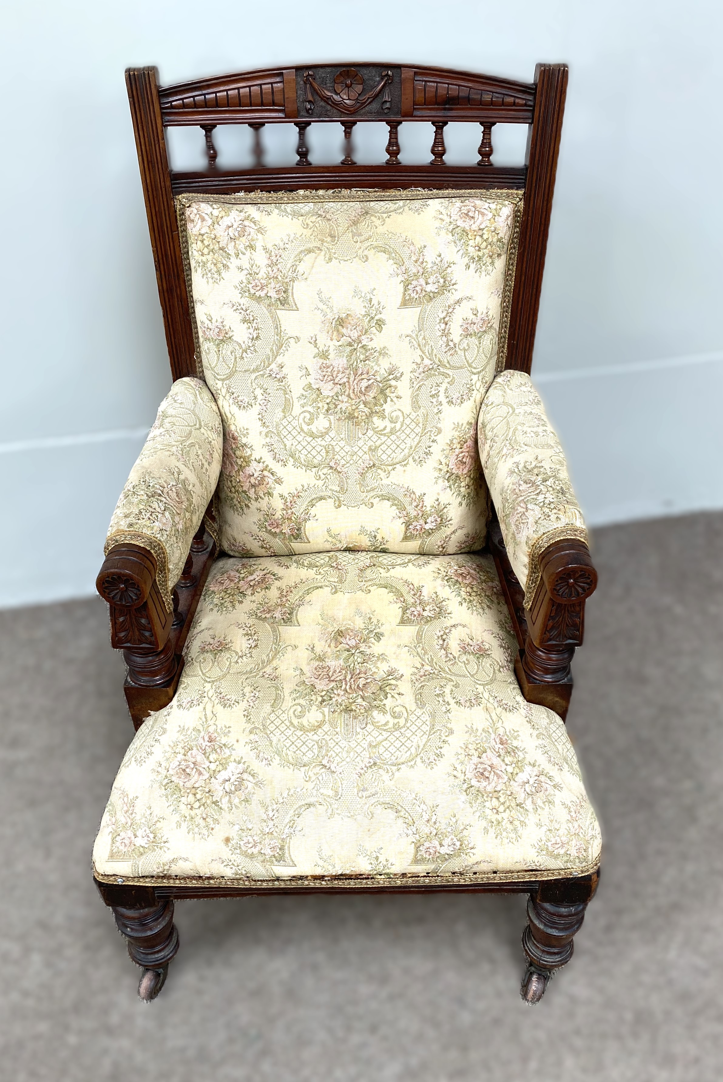 A late Victorian mahogany easy chair, together with a small footstool - Image 3 of 5