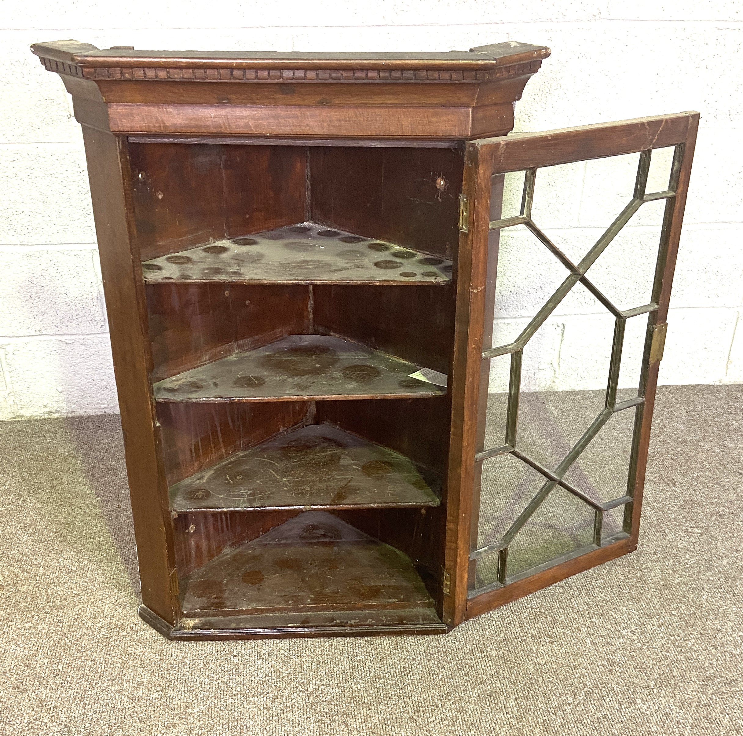 A George III style oak corner wall cabinet, with glazed door, dentil cornice and three shelves, - Image 4 of 4