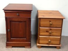 A modern pine bedside chest, with three drawers; als a small bedside cabinet, with a single