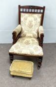 A late Victorian mahogany easy chair, together with a small footstool