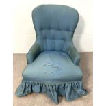 A small Victorian spoonback button upholstered bedroom armchair, currently upholstered in blue;