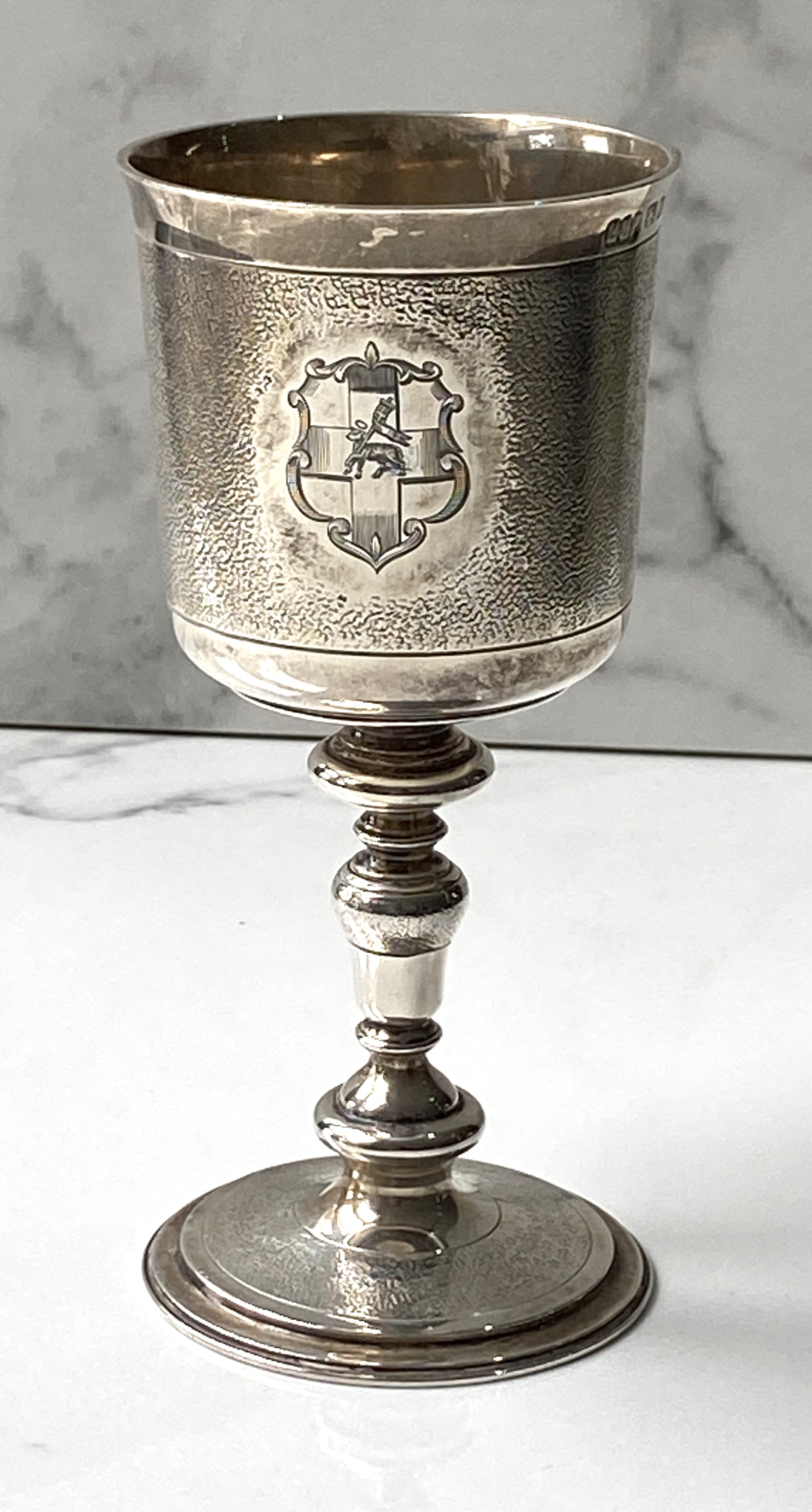 A silver goblet, hallmarked London 1933, with a matted bowl, knopped stem and circular foot, - Image 3 of 4