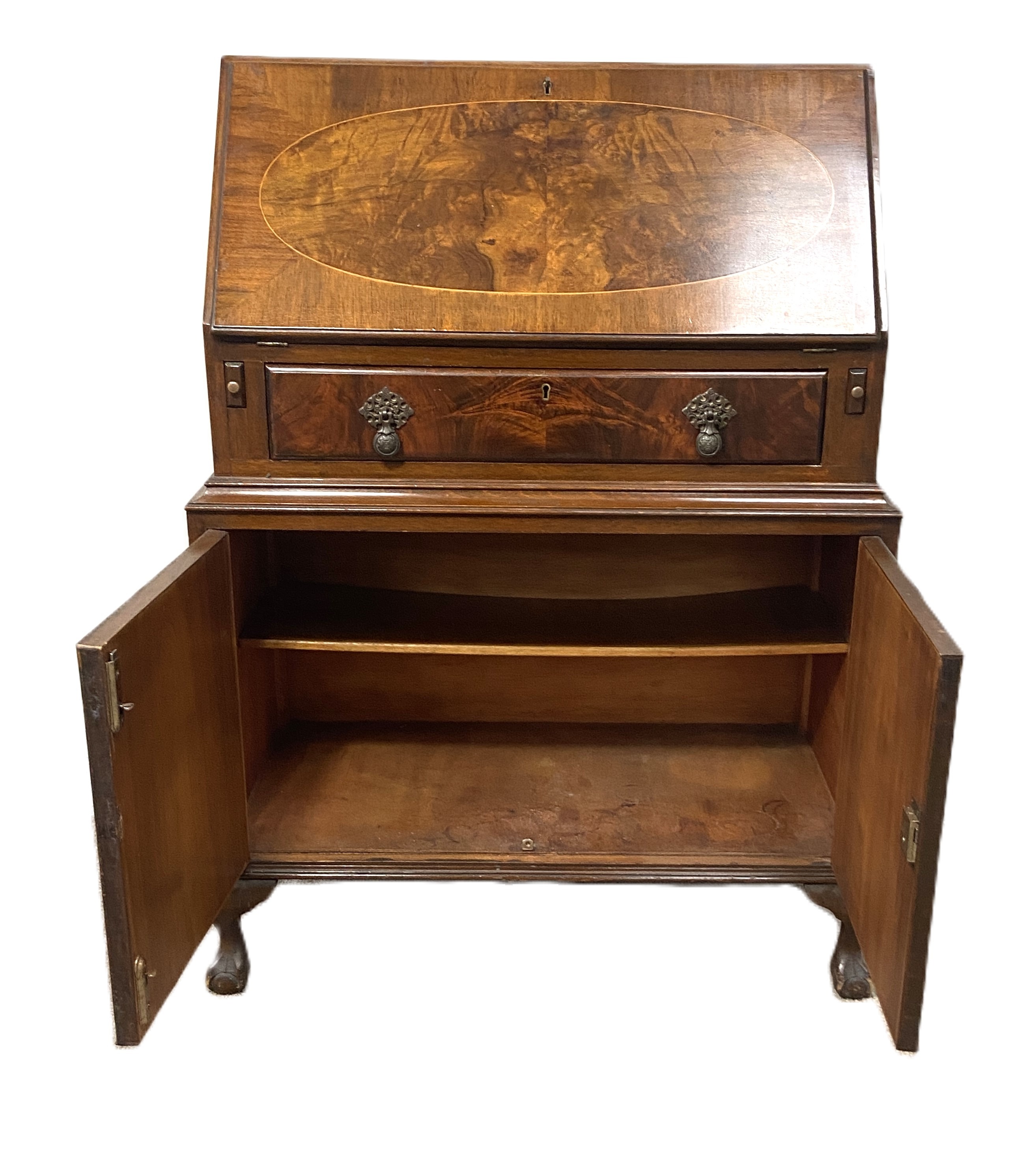 A vintage walnut veneered George II style bureau; together with a Regency style reproduction - Image 7 of 9