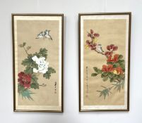 A set of three oriental pictures of flowers and birds; together with assorted decorative pictures