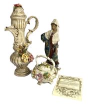 Three assorted Capodimonte pieces, including a large ewer, a jug and figure of a lady (3)