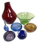 Assorted coloured glassware, including a large vintage ruby glass water jug, and blue decorative