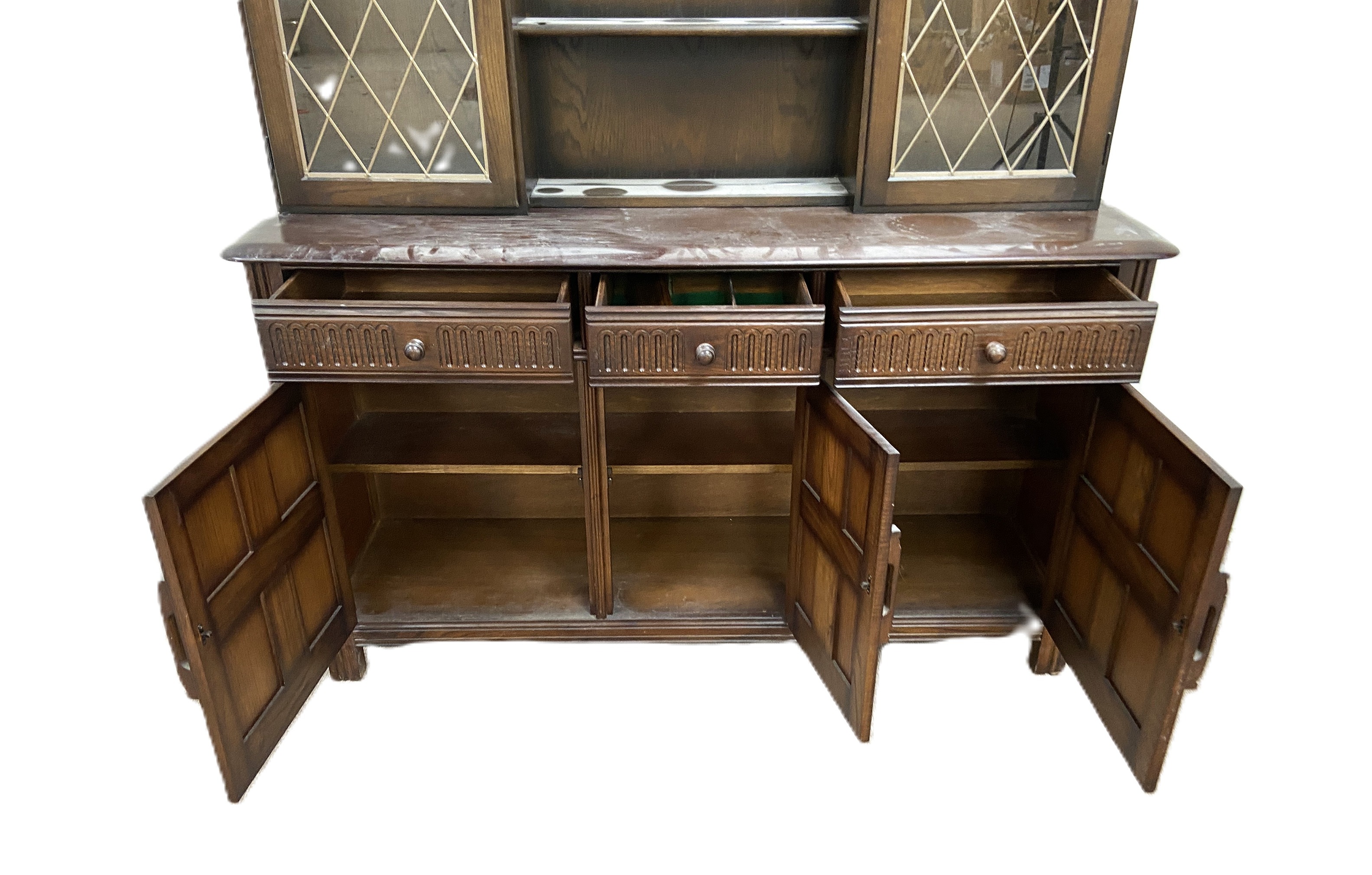A vintage oak Jacobean style dresser, 20th century, the top with glazed cabinets and pot shelves, - Image 4 of 5