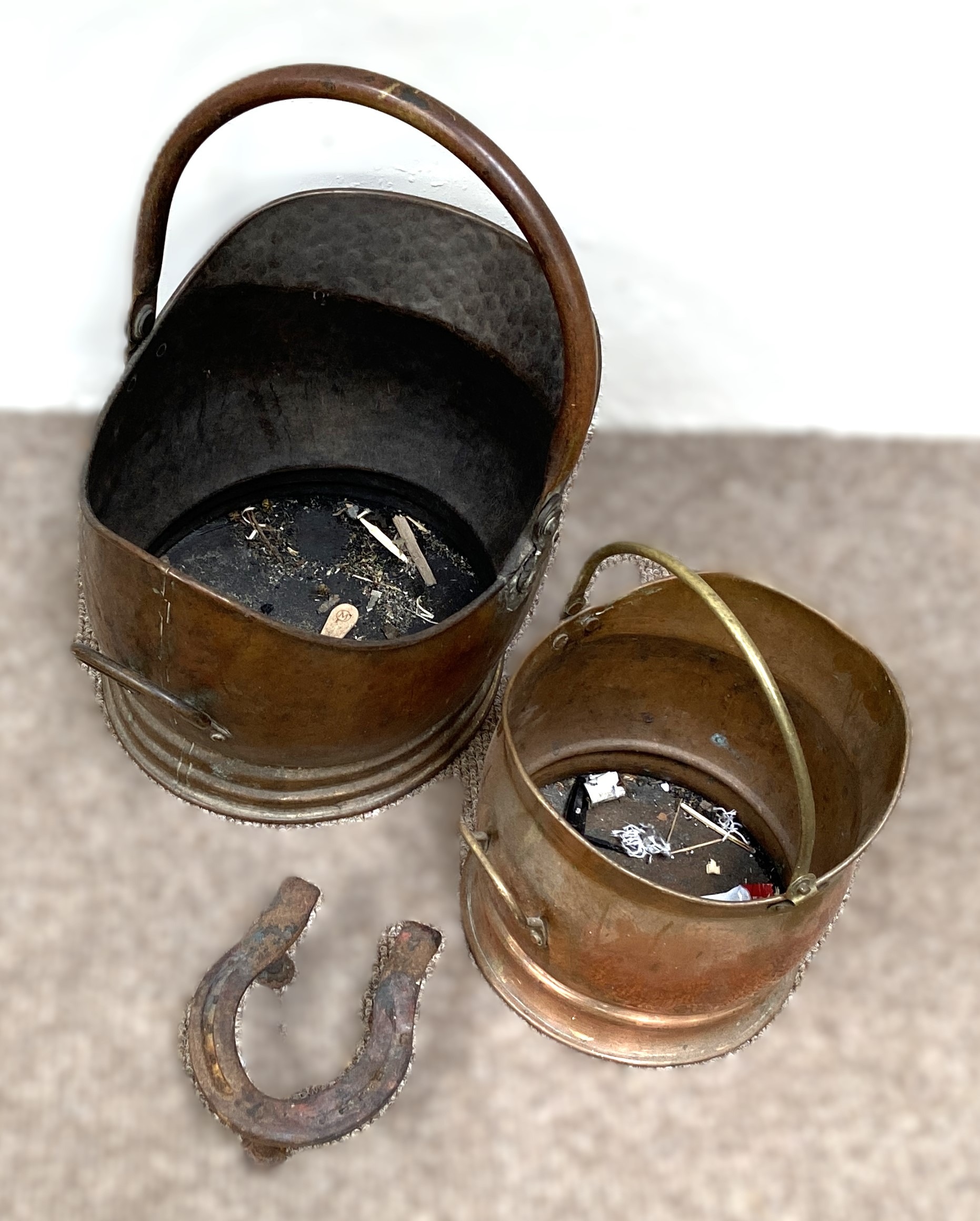 A Victorian carved front coal box, also two helmet coal scuttles and other items (a lot) - Image 3 of 5