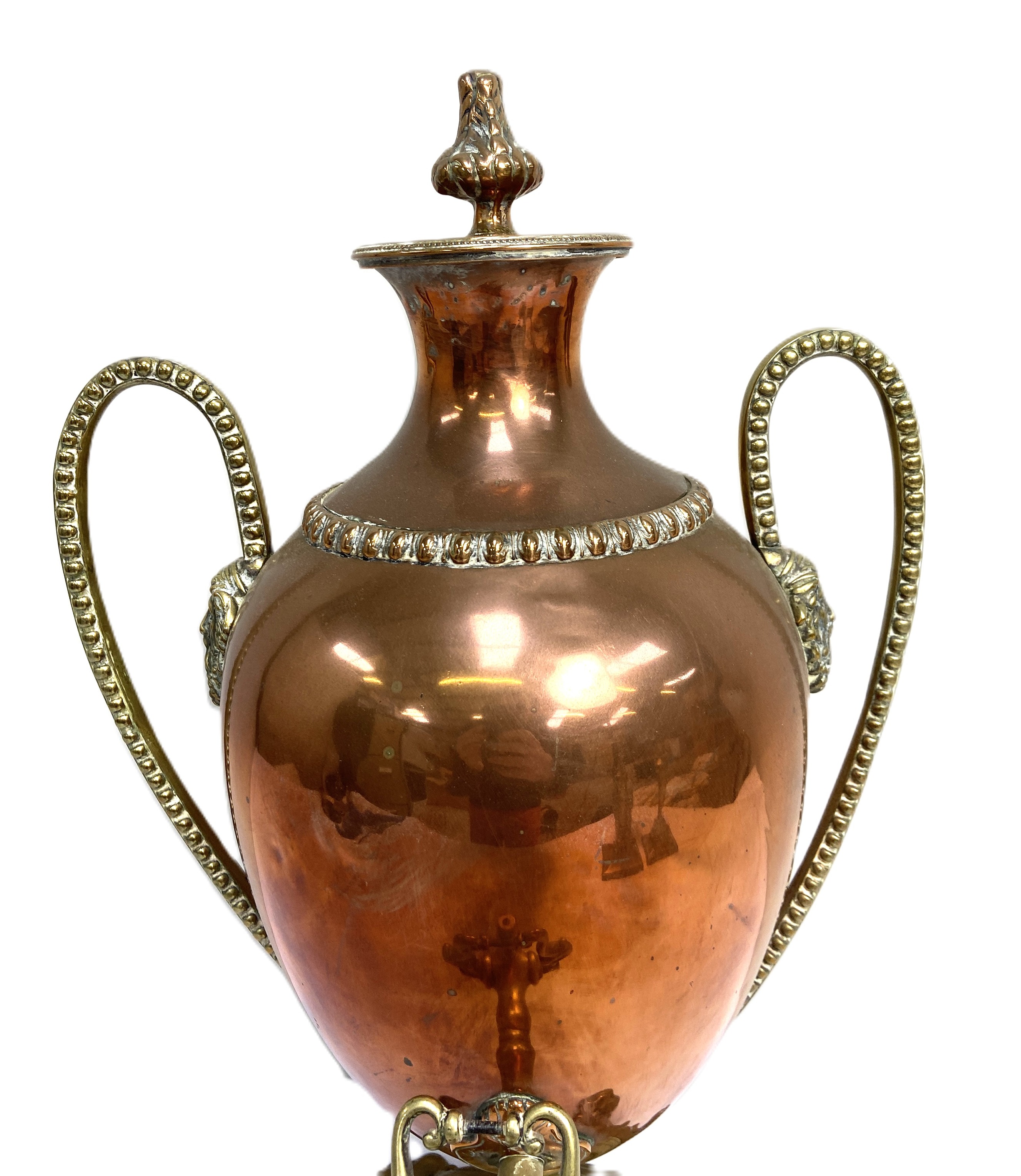 A 19th century copper and brass samovar, together with a pair of large brass candlesticks, the - Image 4 of 6