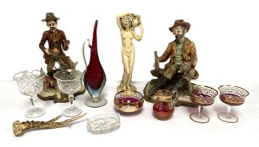 Assorted ornaments, including two Capodimonte style 'Tramp' figures; a miniature gilt and