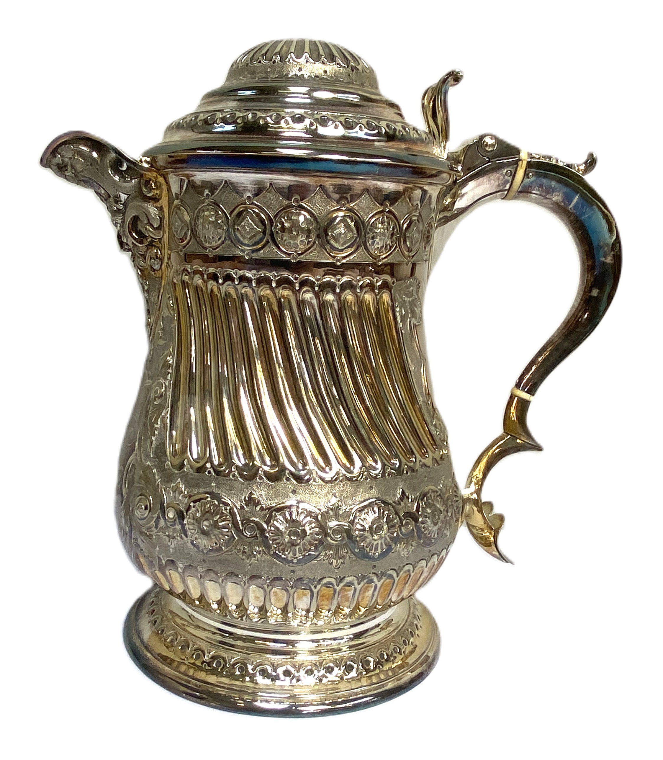 An impressive silver plated Queen Anne Style baluster covered jug, with embossed decoration and - Image 4 of 6