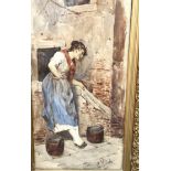 EDUARD VITALI, Italian, (XIX), The Washer Woman,  watercolour, signed LR: E VITALI, 35cm x 16cm