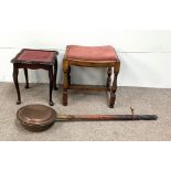 A Victorian copper bed pan with turned wood handle; also a small vintage dressing stool and a