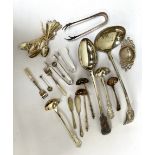 Assorted silver and silver plated flatware, including a plated fiddle pattern soup ladle and